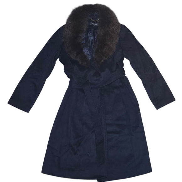 Women's Ellen Tracy Wool Coat, Size 14, Navy Faux Fur, Long, Belt - Picture 1 of 10
